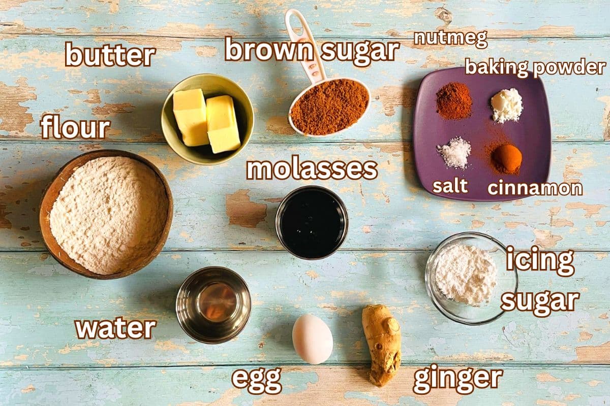 Gingerbread cake pop ingredients prepped and labeled on light blue wooden background.