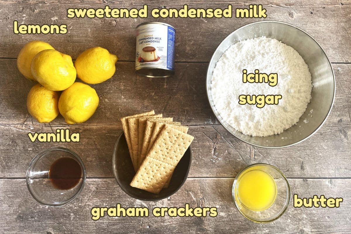 Graham wafer lemon bar ingredients labeled.