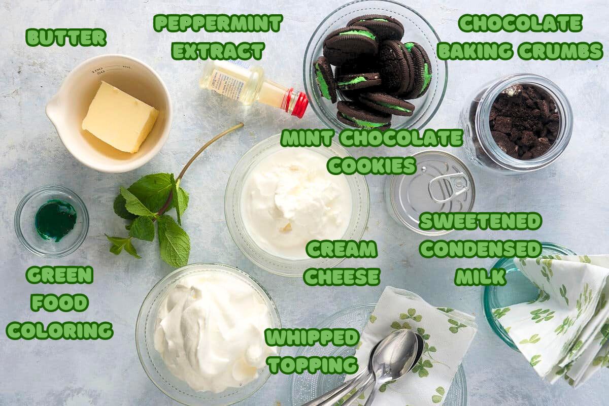 Grasshopper pie ingredients prepped and labeled on light background.