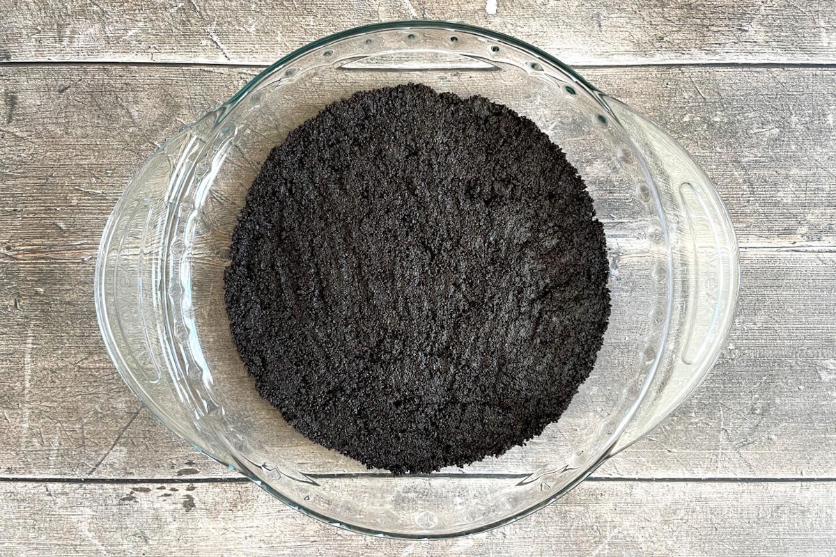 Oreo crust in pie plate.