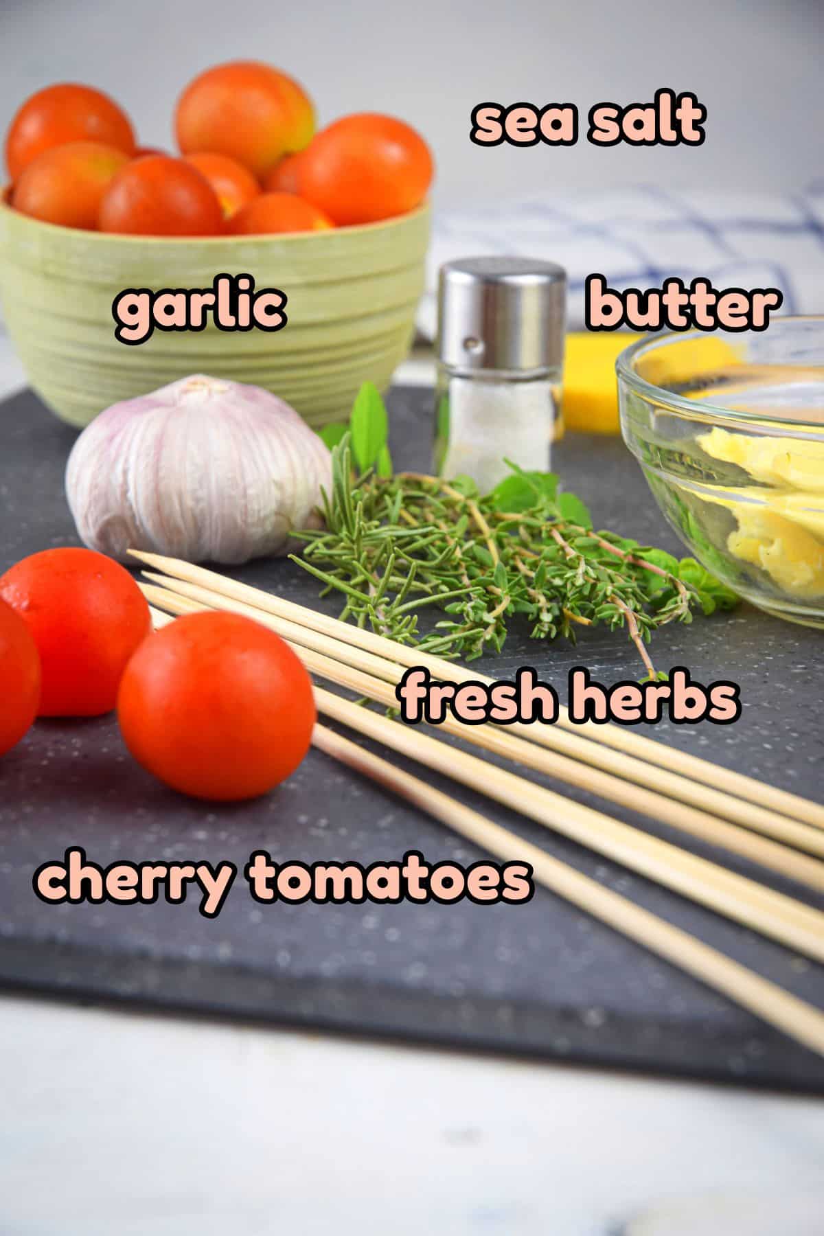 Grilled cherry tomato ingredients labeled.