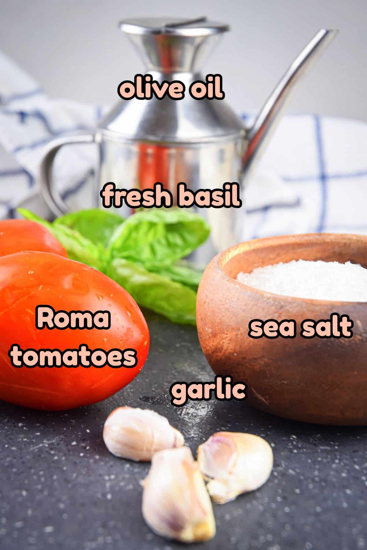 Grilled Roma tomato ingredients labeled.