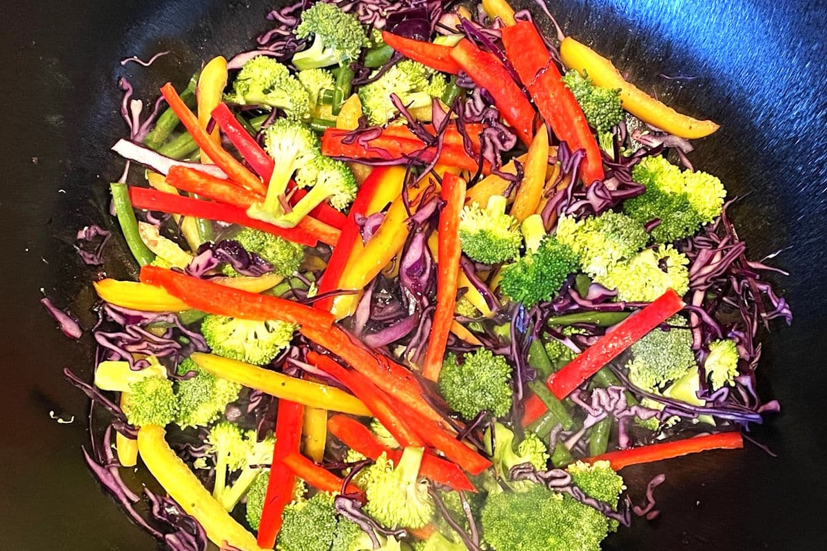 Colorful veggies in wok.