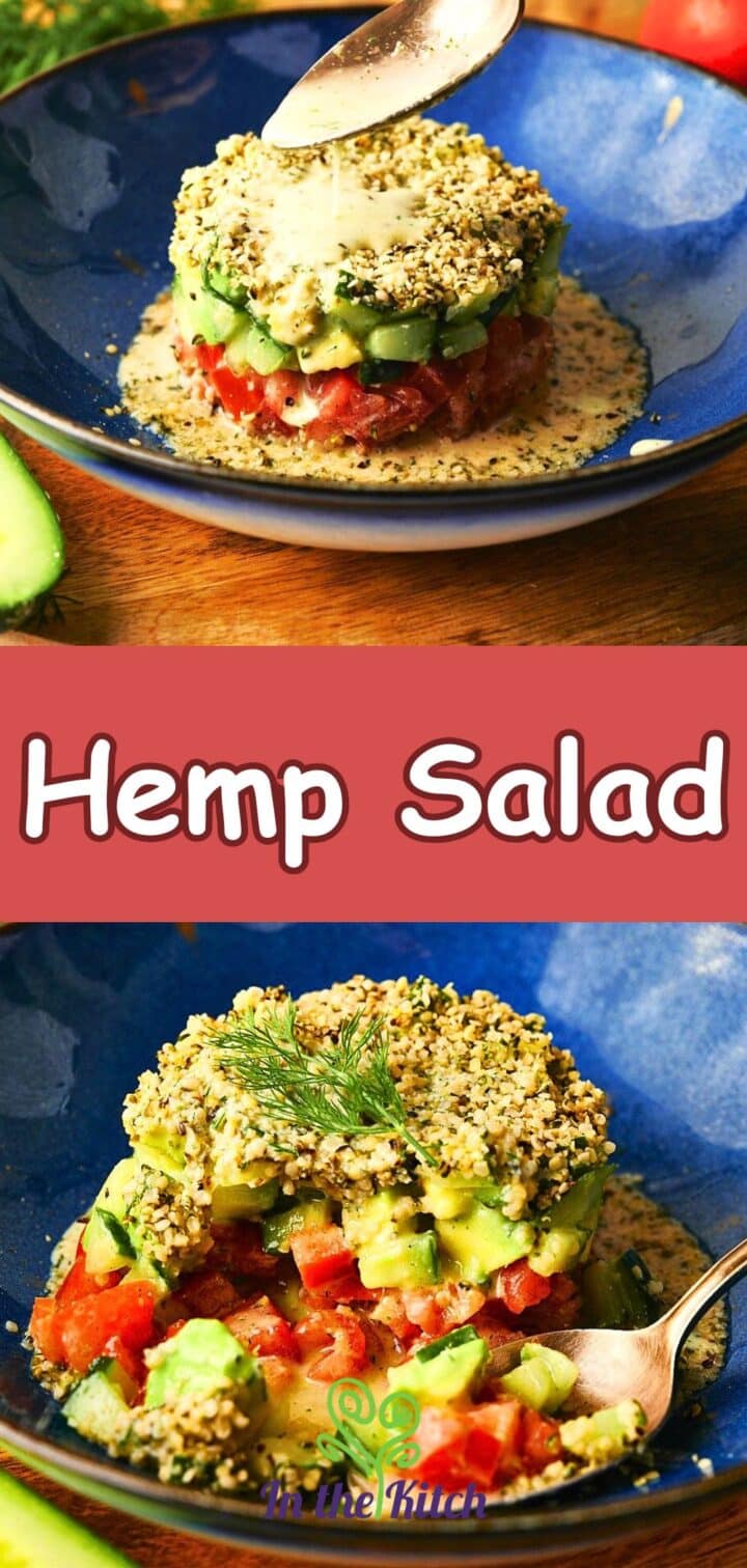 Hemp seed salad on blue plate with text overlay that says 'hemp salad'.