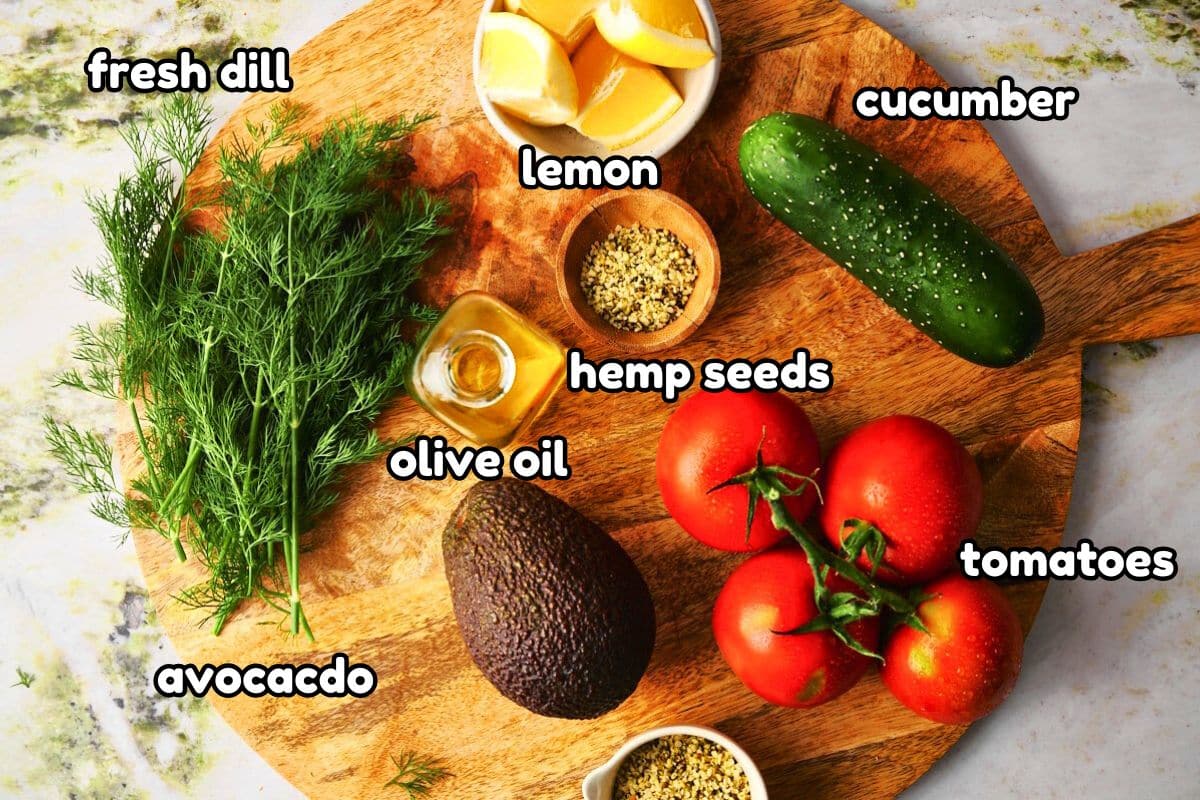 Hemp seed salad ingredients prepped and labeled.