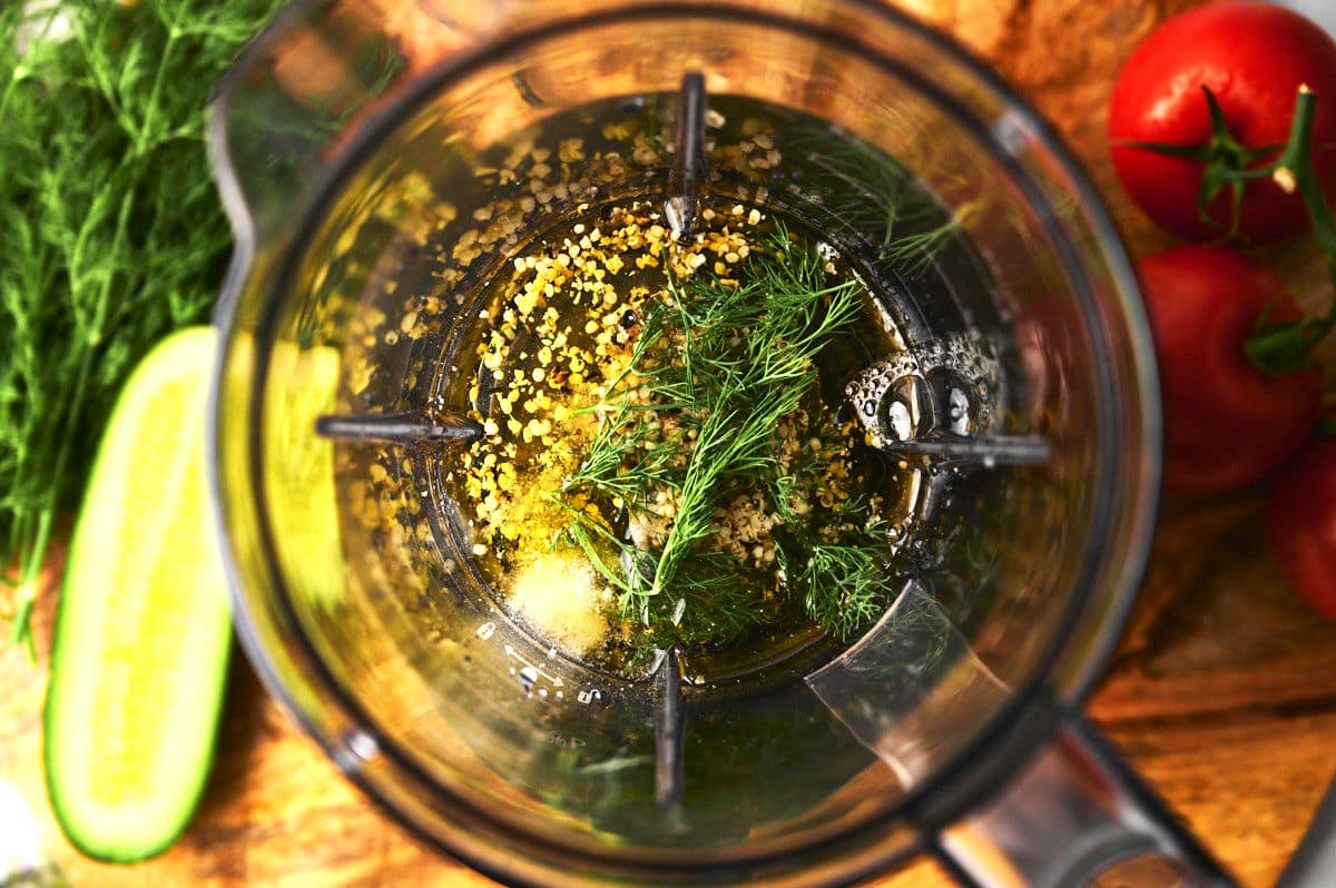 Hemp seed salad dressing in blender.