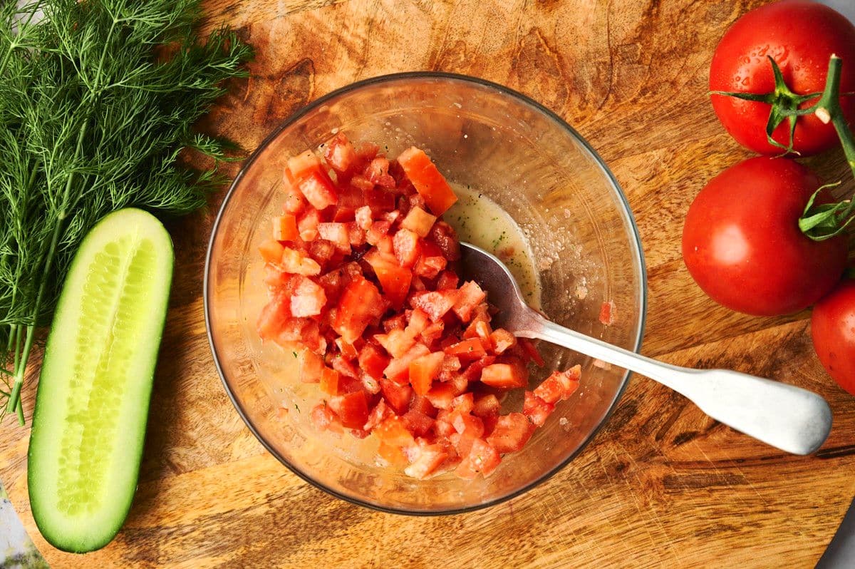 Diced tomatoes in bowl.