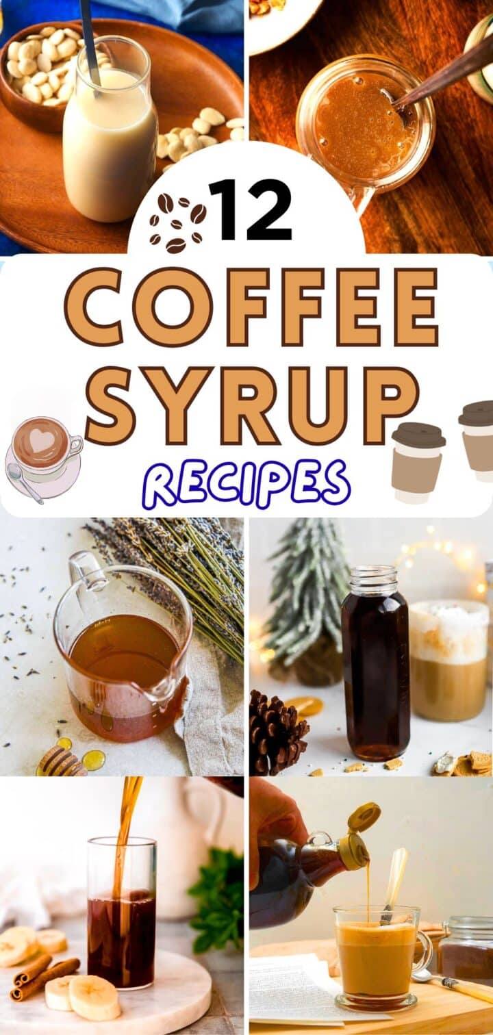 Image collage of coffee syrups with text overlay that says '12 Coffee Syrup Recipes'.