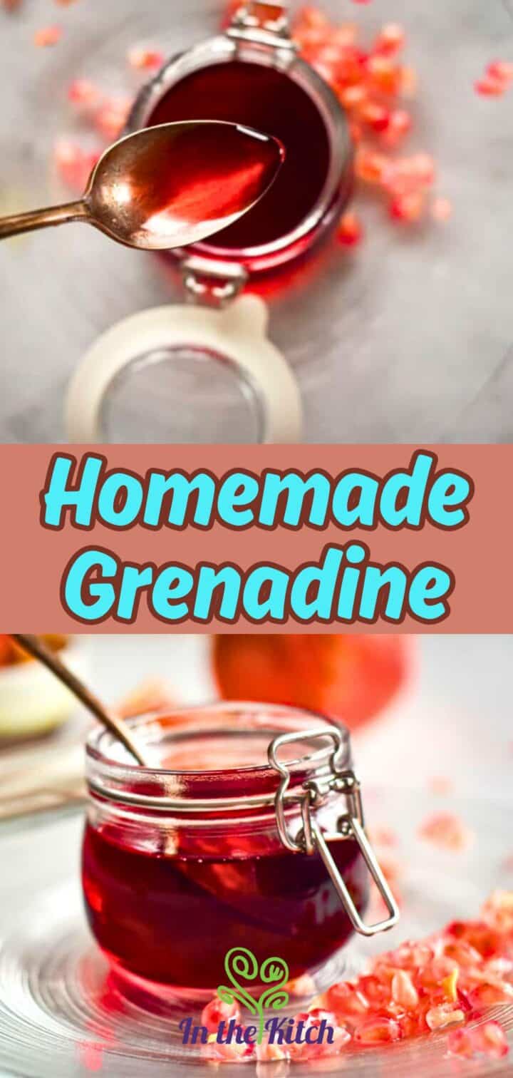 Grenadine syrup pictures and text overlay that says 'homemade grenadine'.