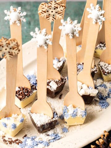 Hot chocolate spoons on serving tray.