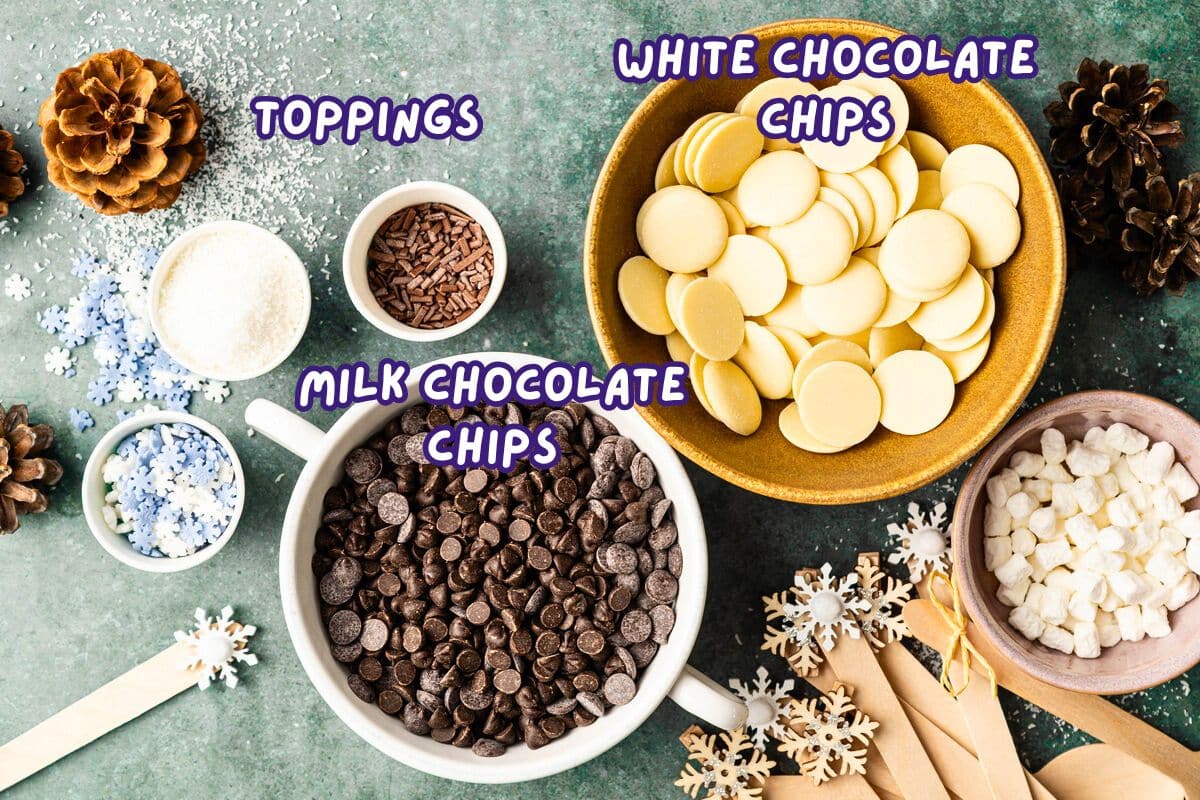 Hot chocolate spoons ingredients labeled on grey-blue background.