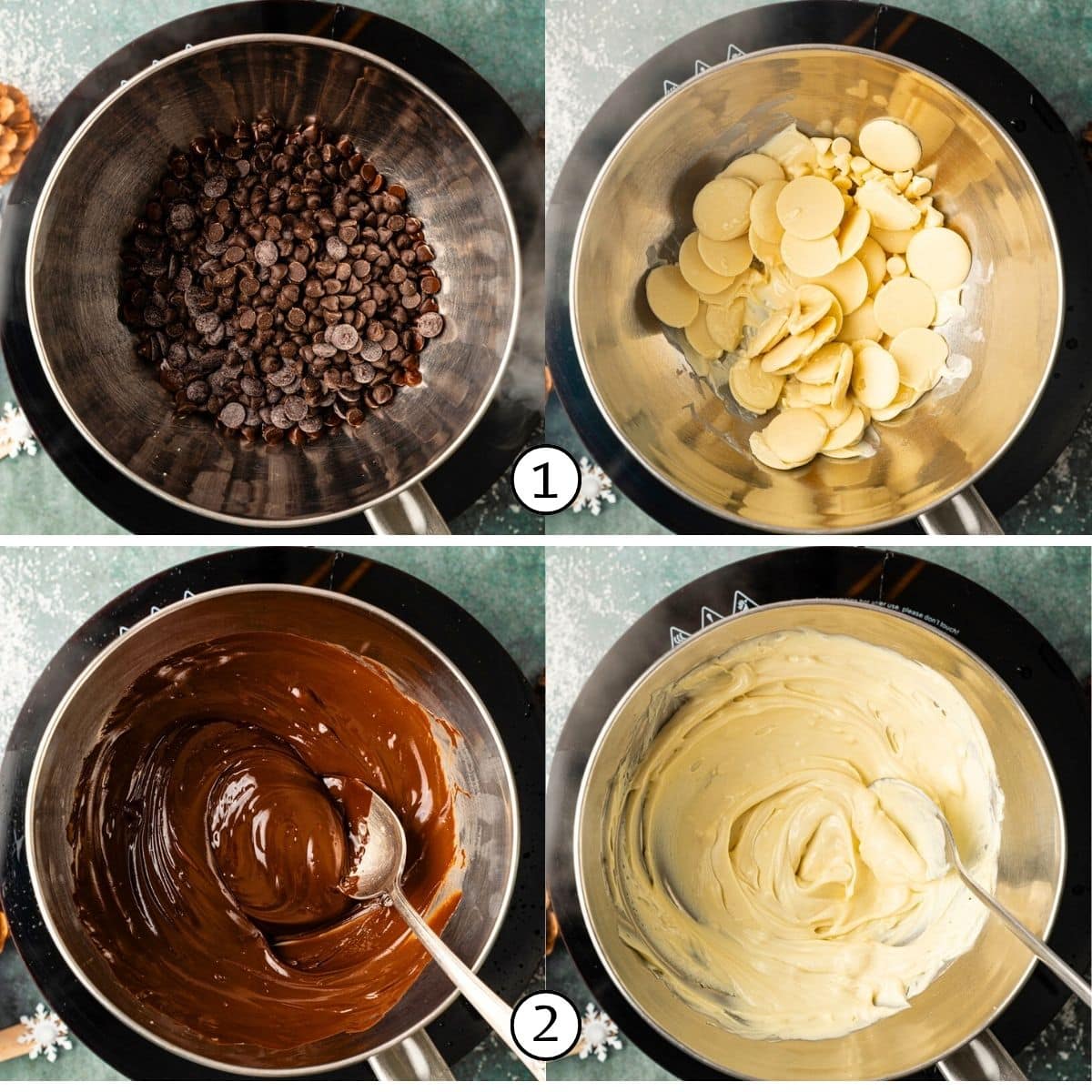 Image collage of melting white and milk chocolate for hot chocolate spoons.