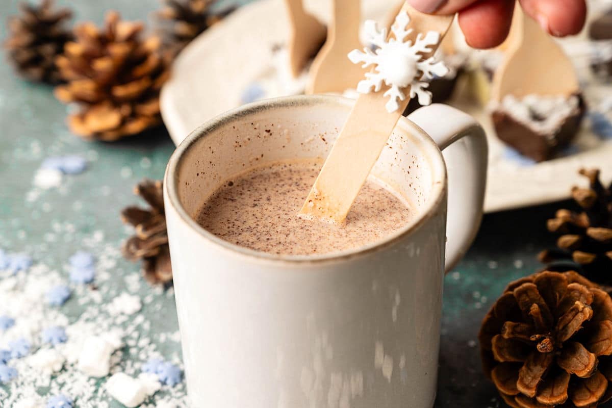 Hot chocolate spoon in mug of hot milk.