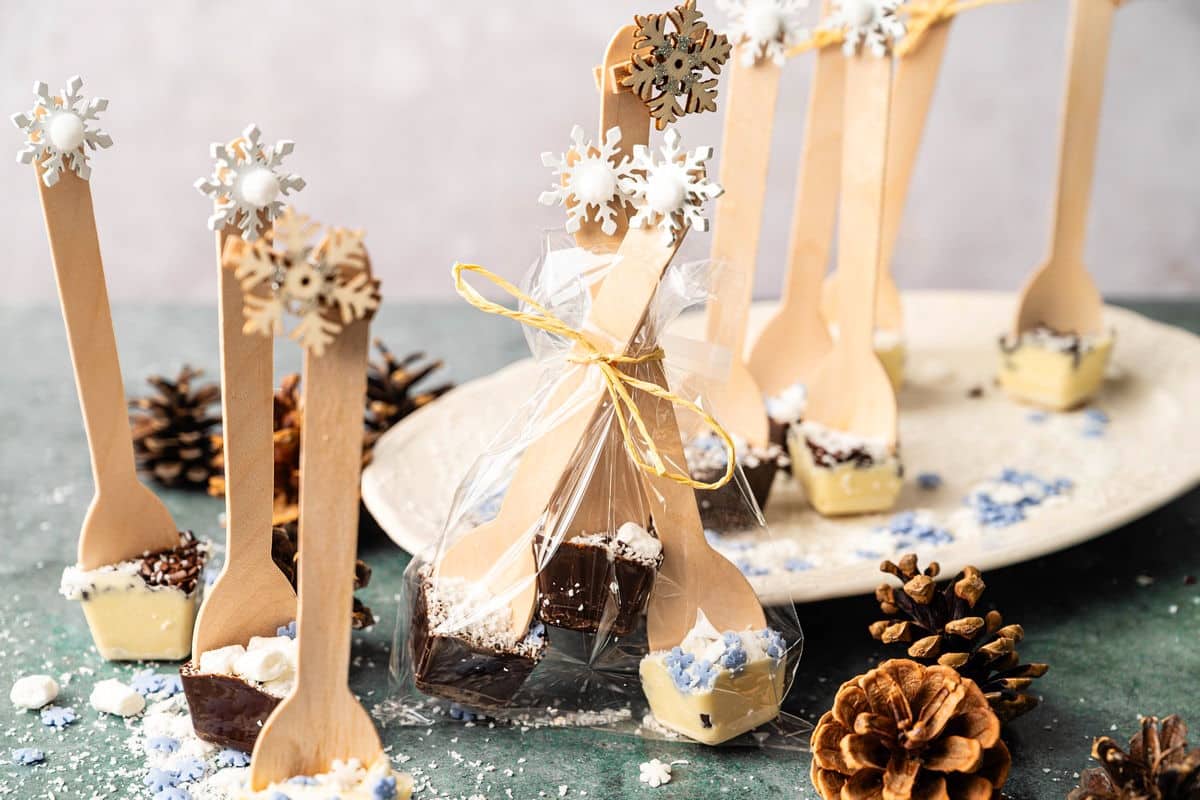 Hot chocolate spoons wrapped up in cellophane.