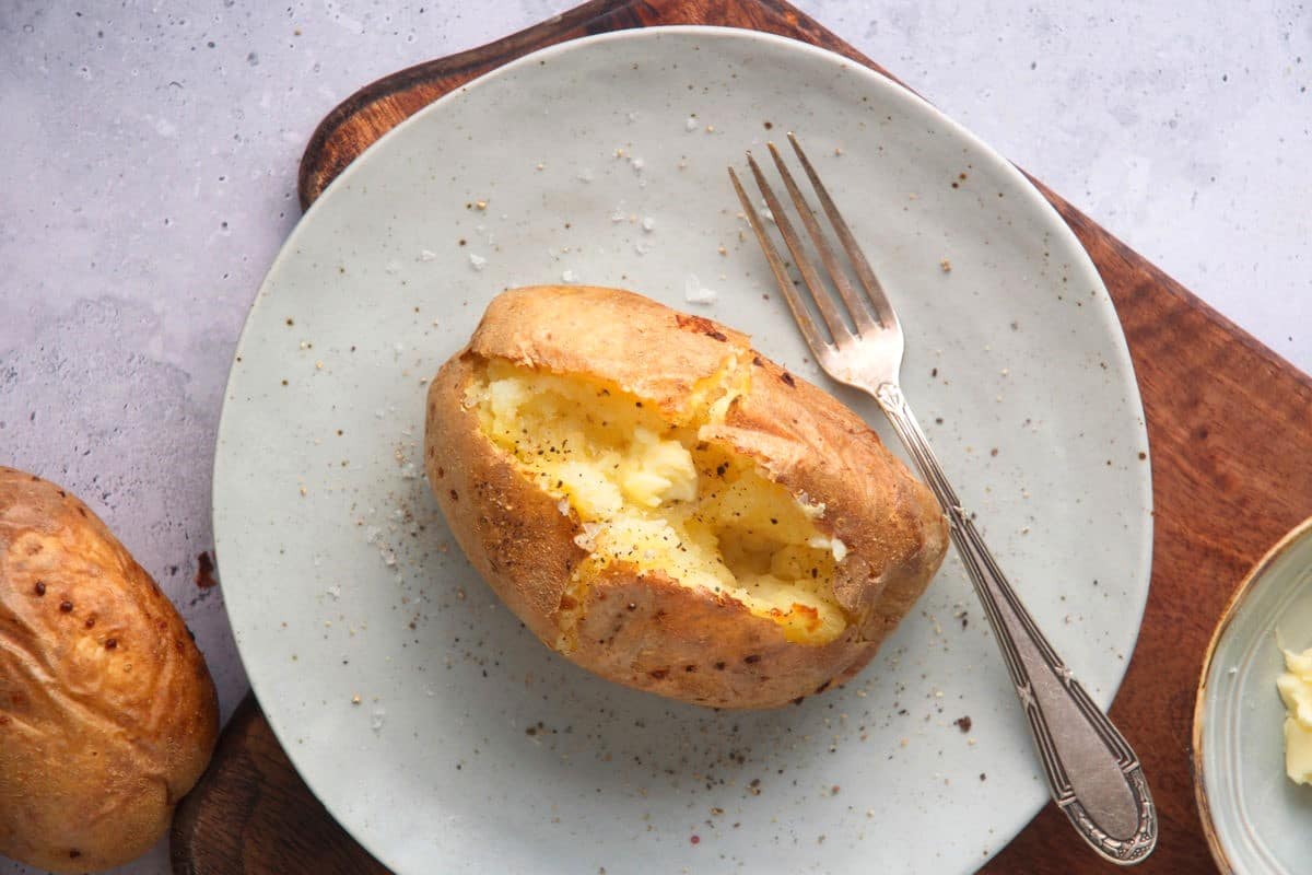 Baked potato with butter, salt and pepper.