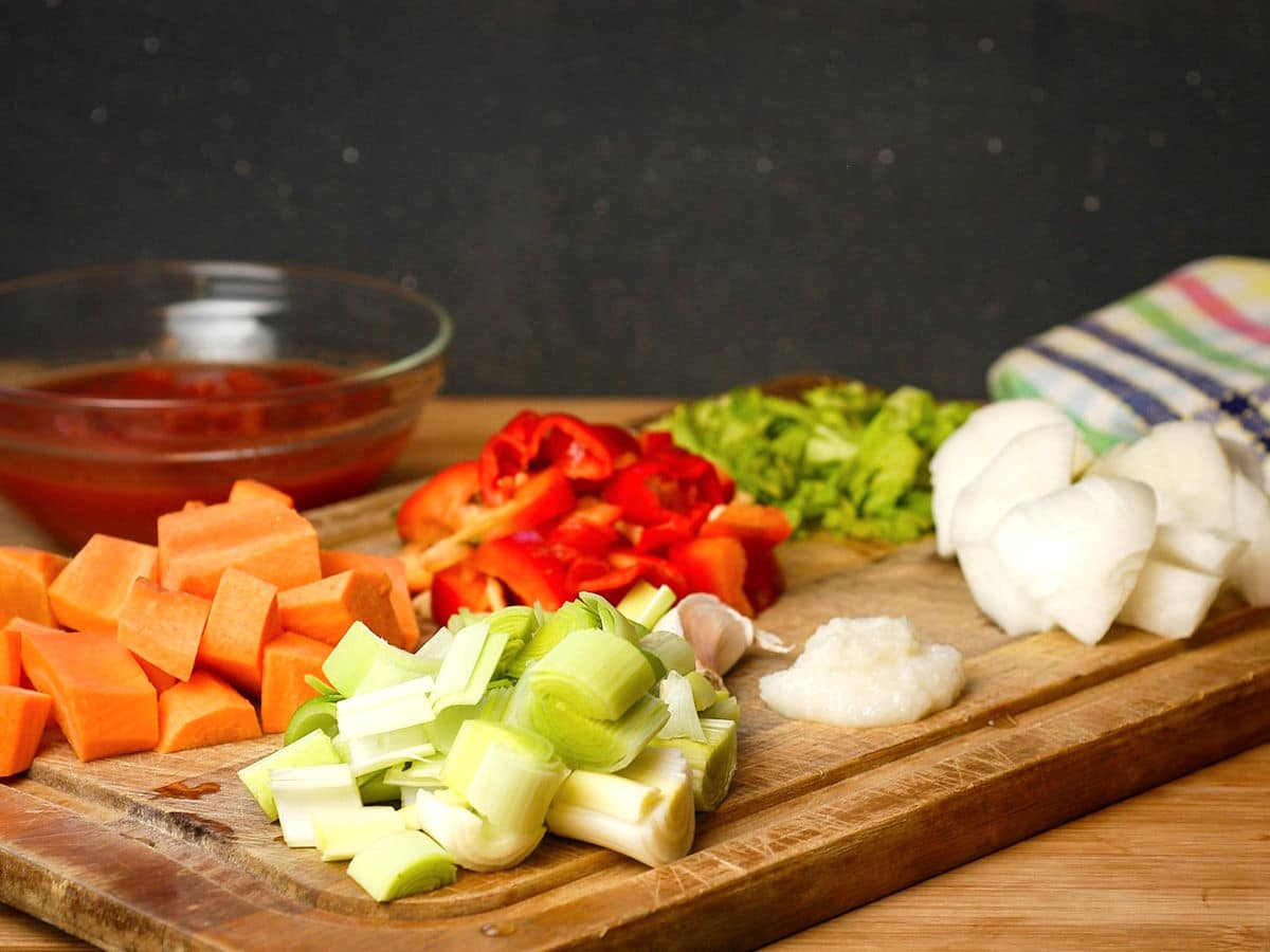 Diced vegetables on cutting board.