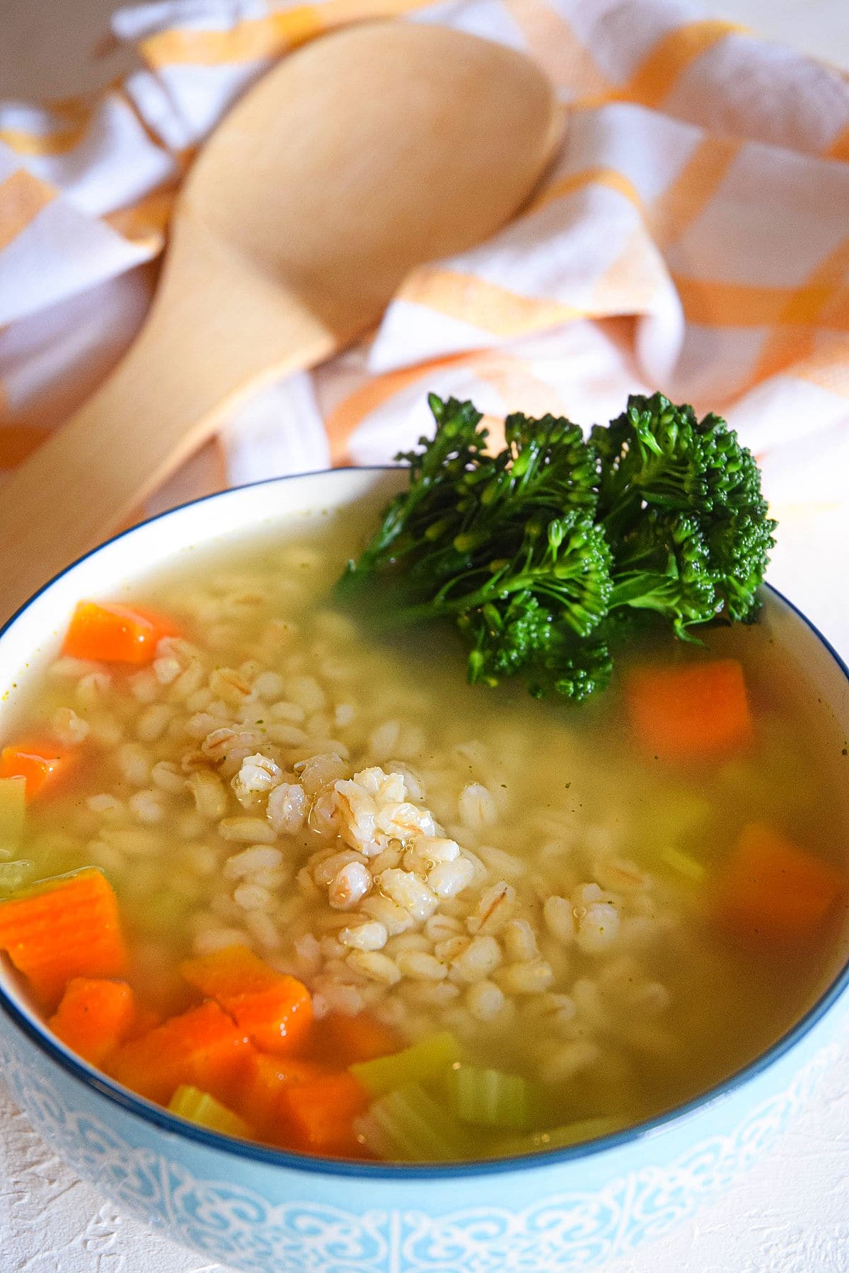 Pearl barley soup in bowl.