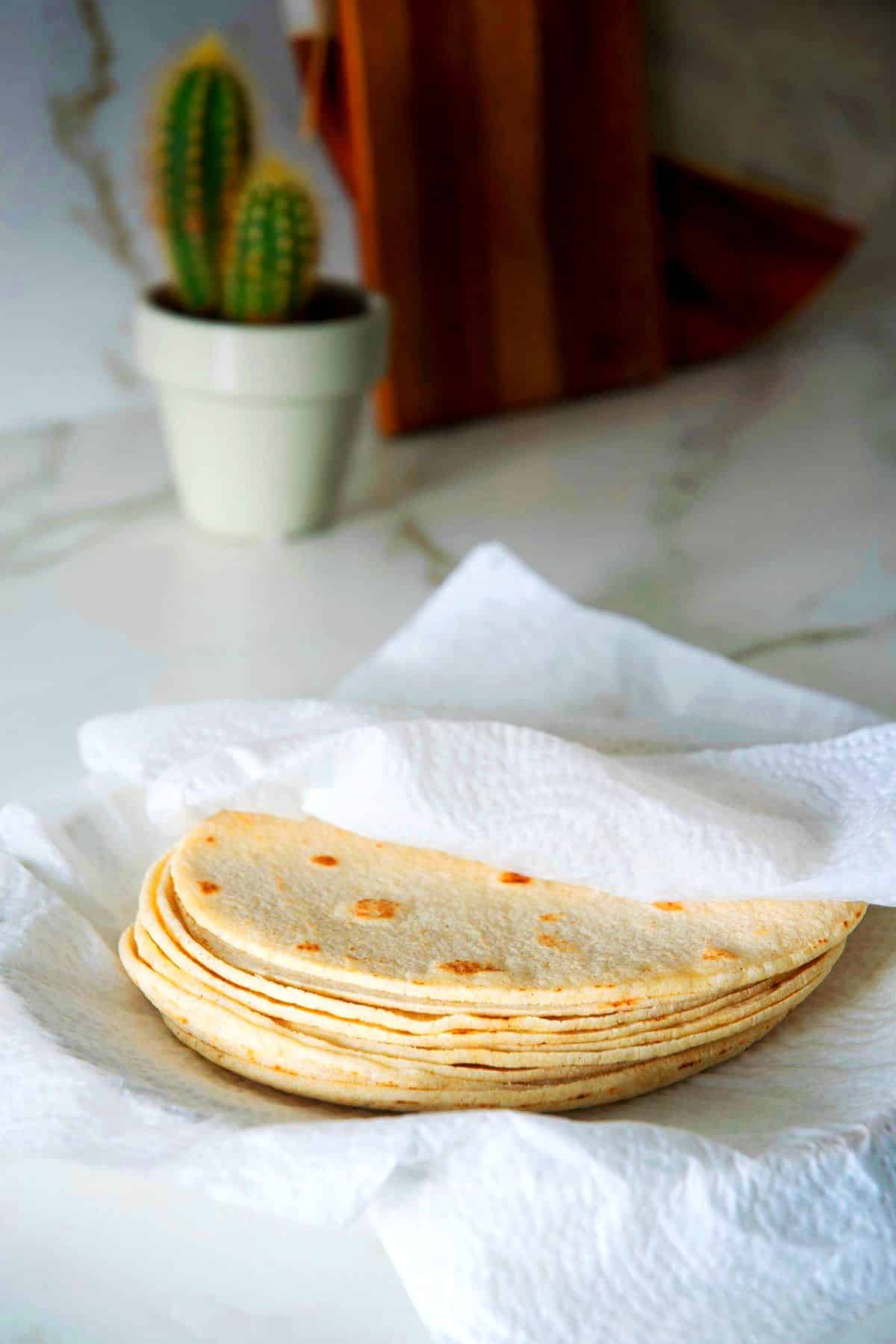 Corn tortillas stacked in paper towel.