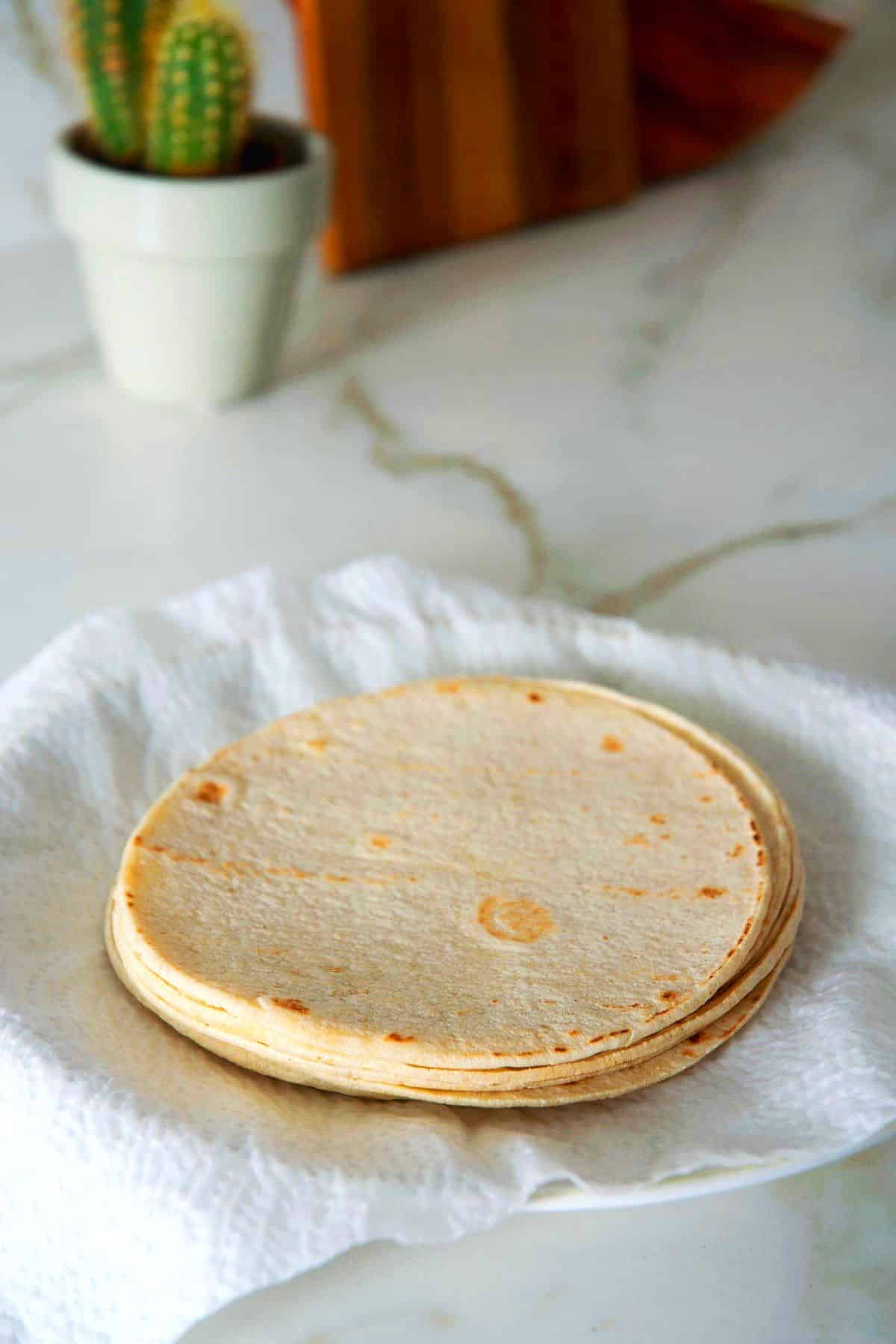 Corn tortillas stacked on moist paper towel covered plate.