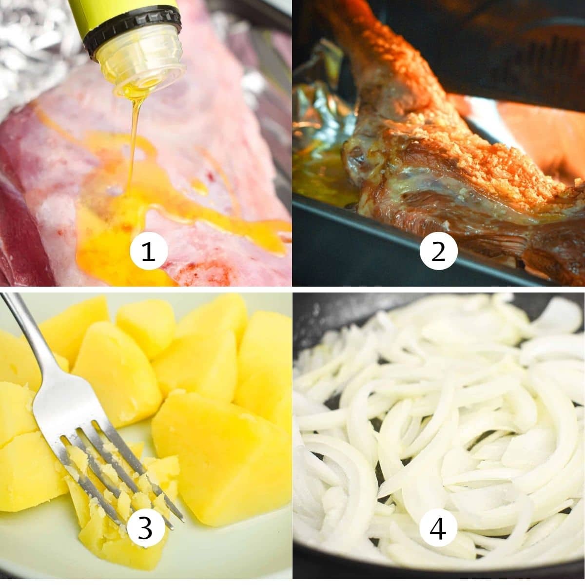 Steps images for how to make shepherds pie with lamb: roasting the lamb, cooking potatoes and onions.