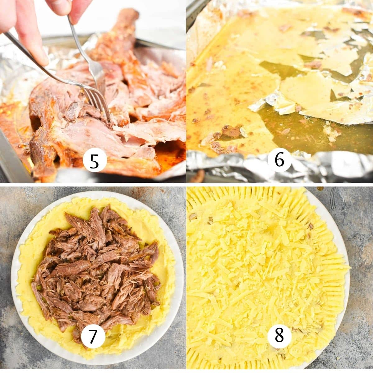 Steps images for how to make shepherds pie with lamb: assembling the pie.