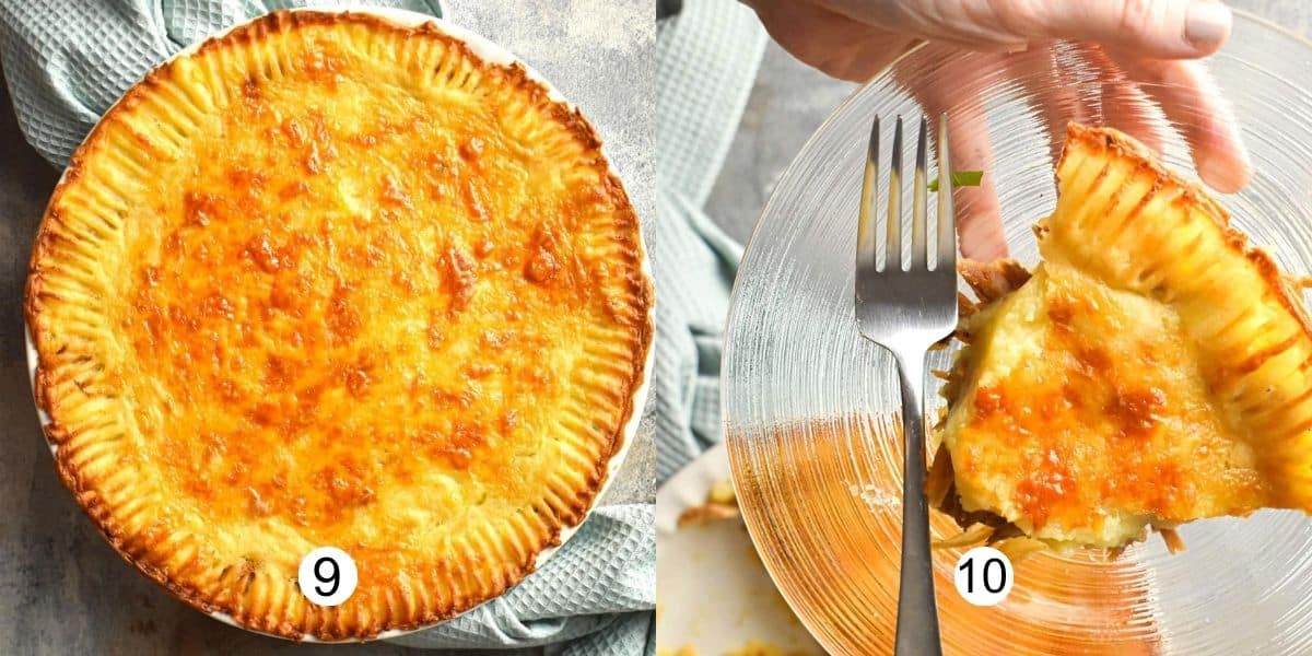 Steps images for how to make shepherds pie with lamb: baking the pie.