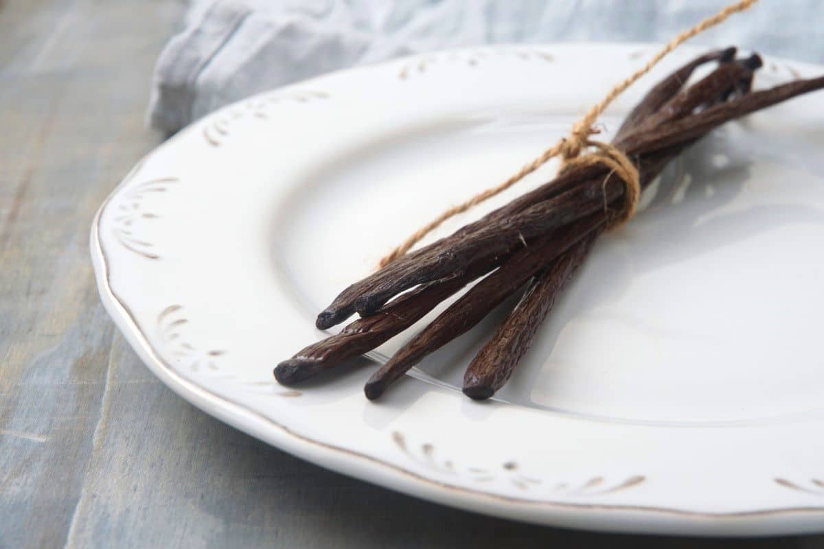 Vanilla beans tied together on white plate.