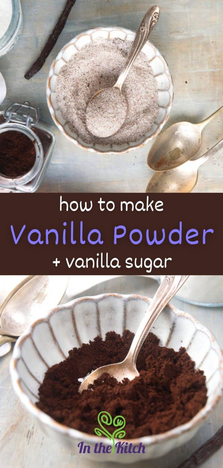 Vanilla bean powder and sugar in bowls.