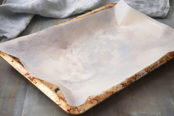 Parchment lined baking sheet.