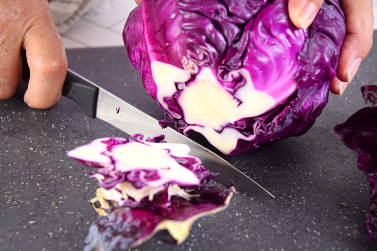 Red cabbage bottom cut off with knife.
