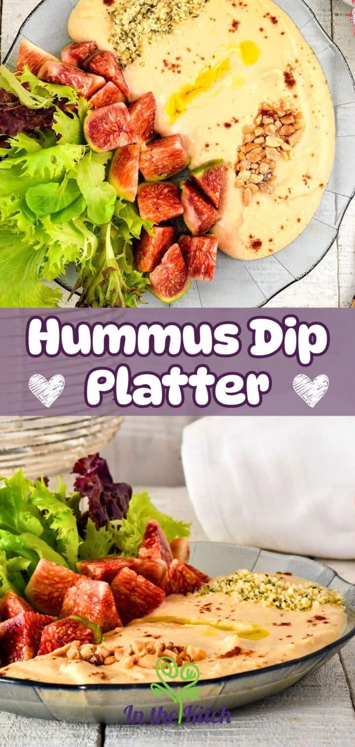 Images of hummus dip and toppings with text overlay that says 'Hummus Dip Platter'.