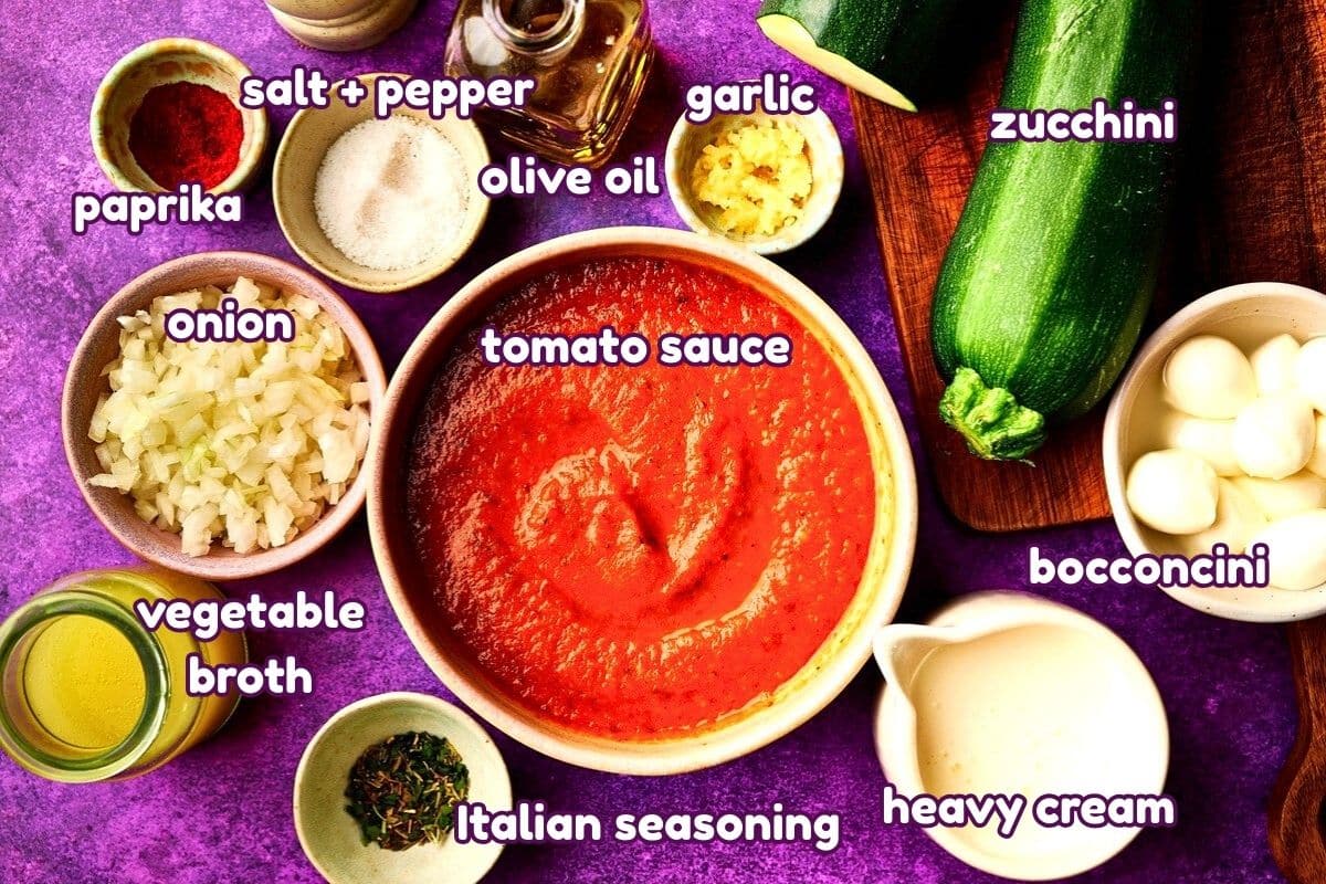 Keto zucchini noodles ingredients prepped and labeled.