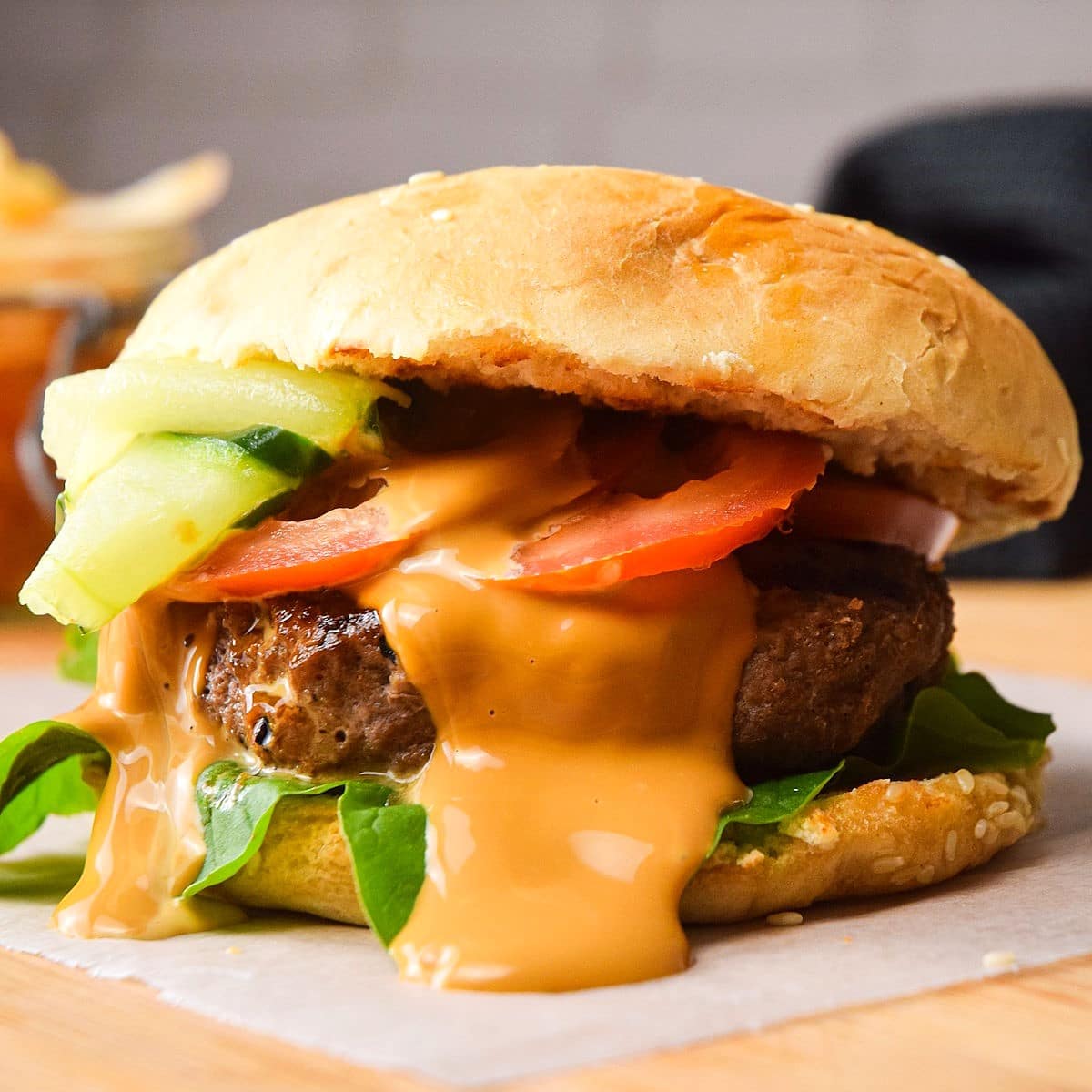 Kimchi burger with creamy kimchi sauce.