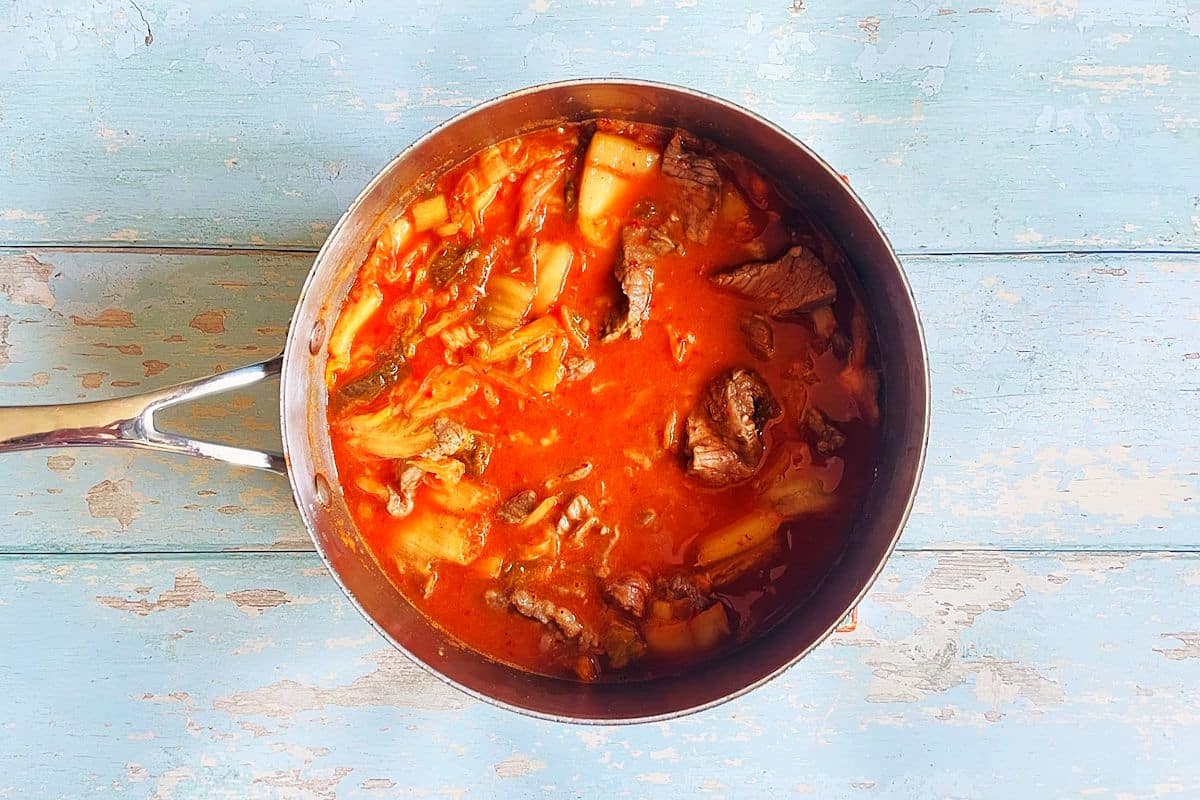 Kimchi beef stew in pot.
