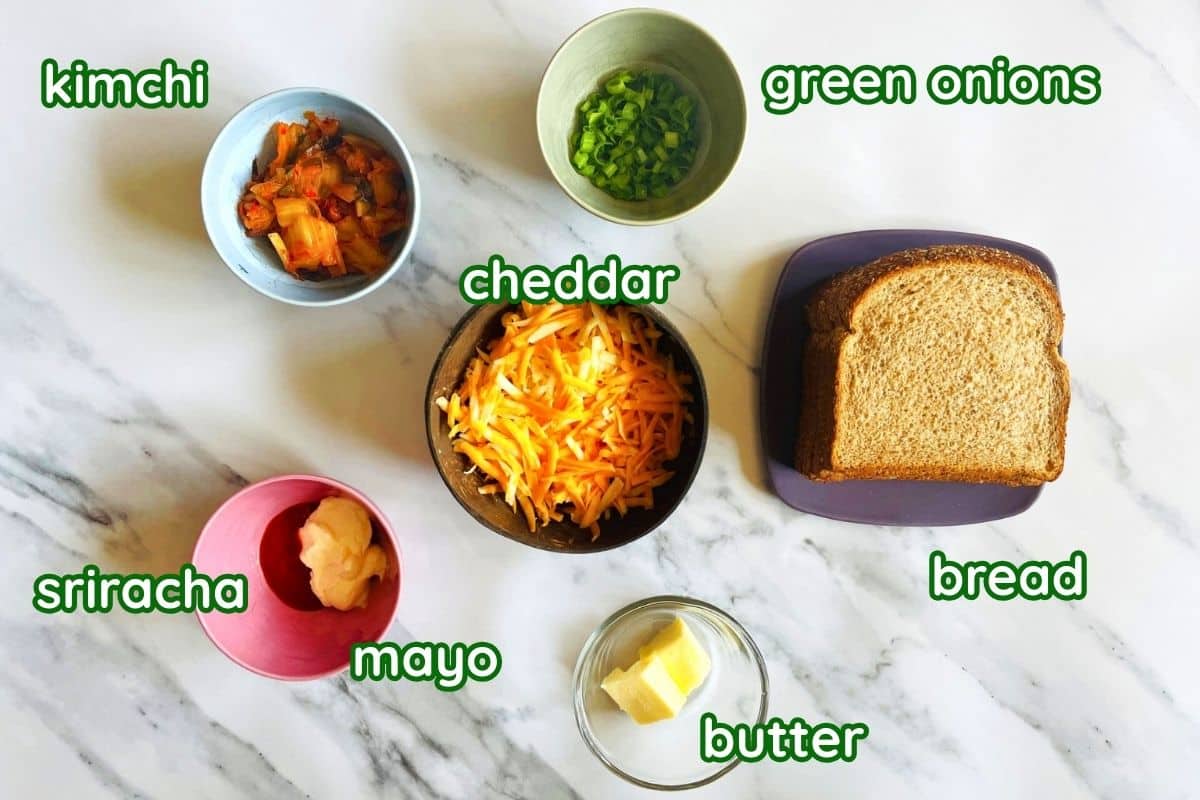 Kimchi grilled cheese sandwich ingredients prepped and labeled.
