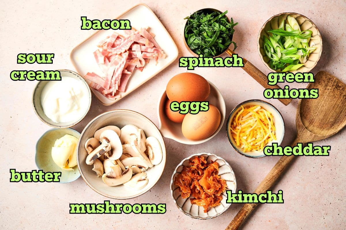 Kimchi omelette ingredients prepped and labeled.