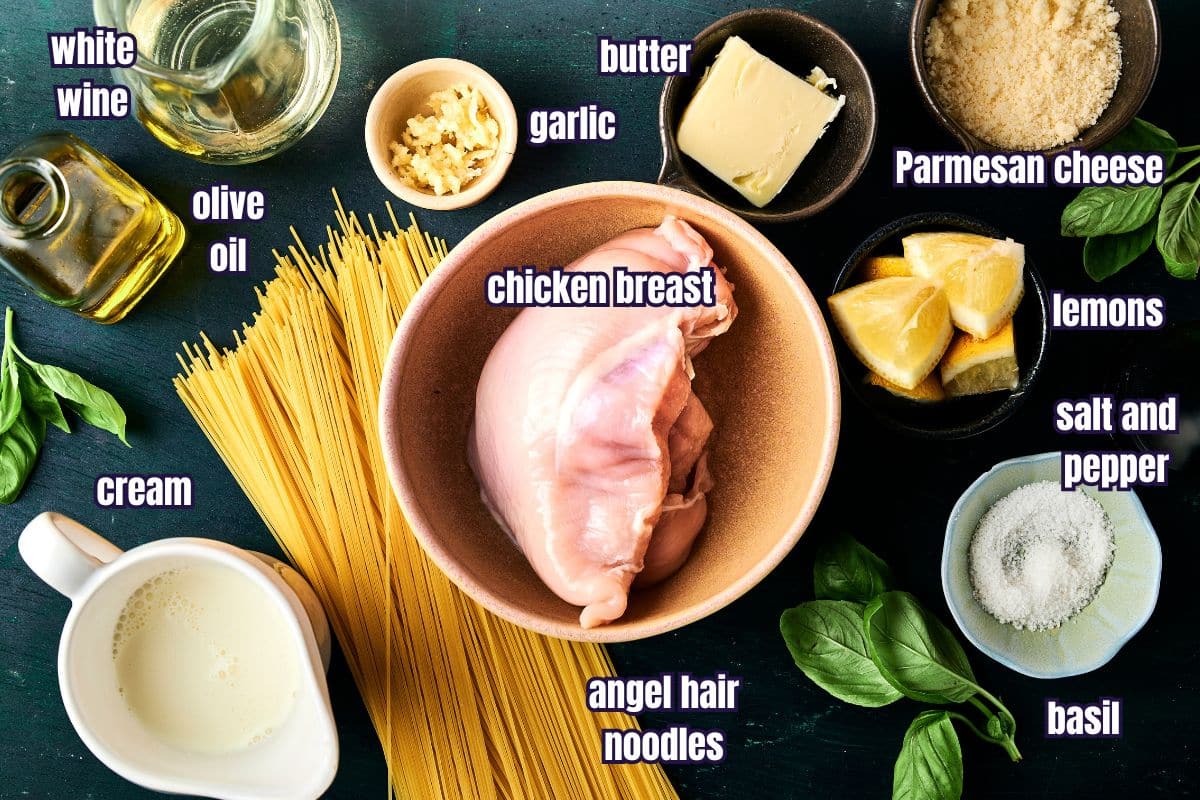 Lemon basil pasta with chicken ingredients prepped and labeled.