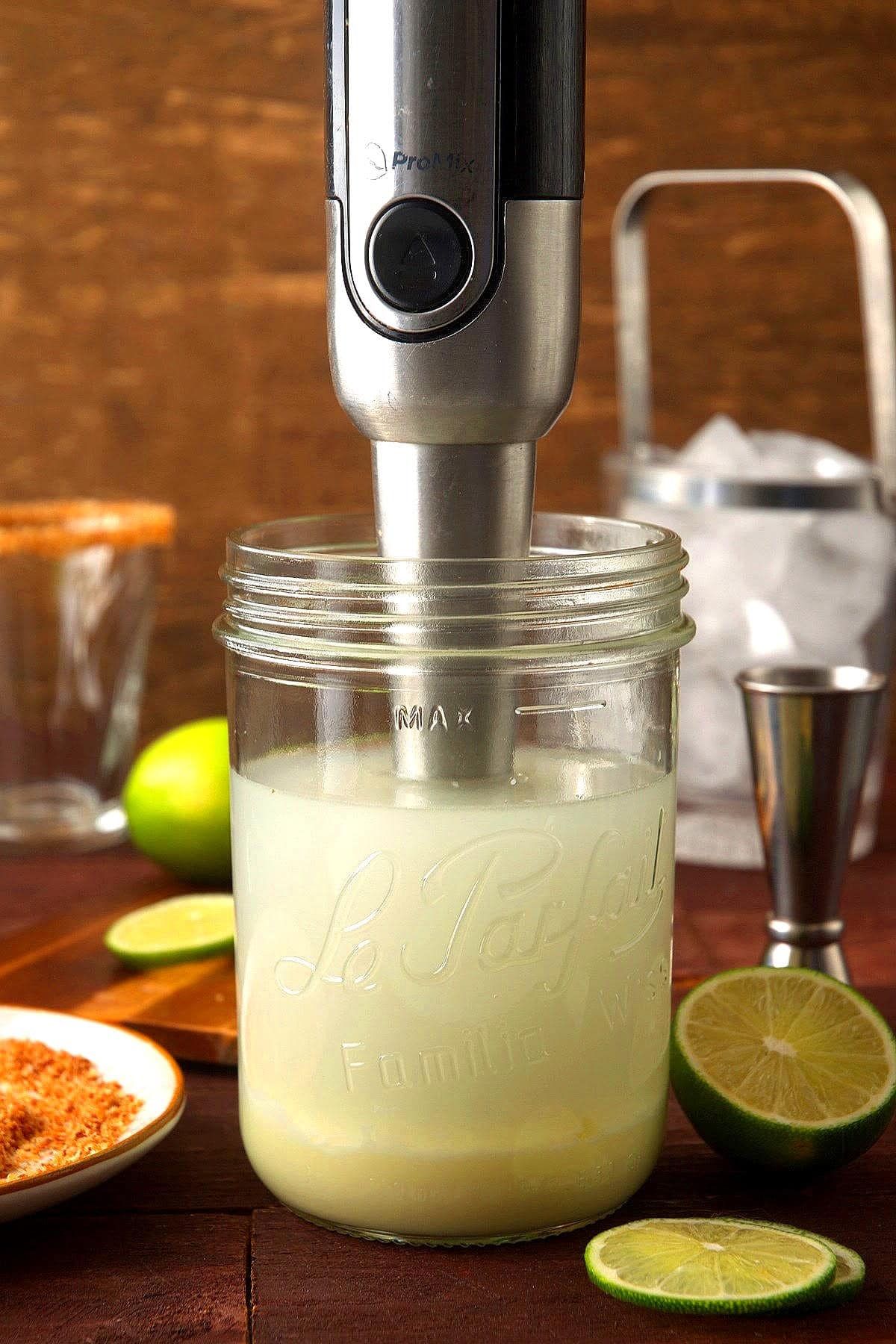 Lime cremosa ingredients in jar with blender.