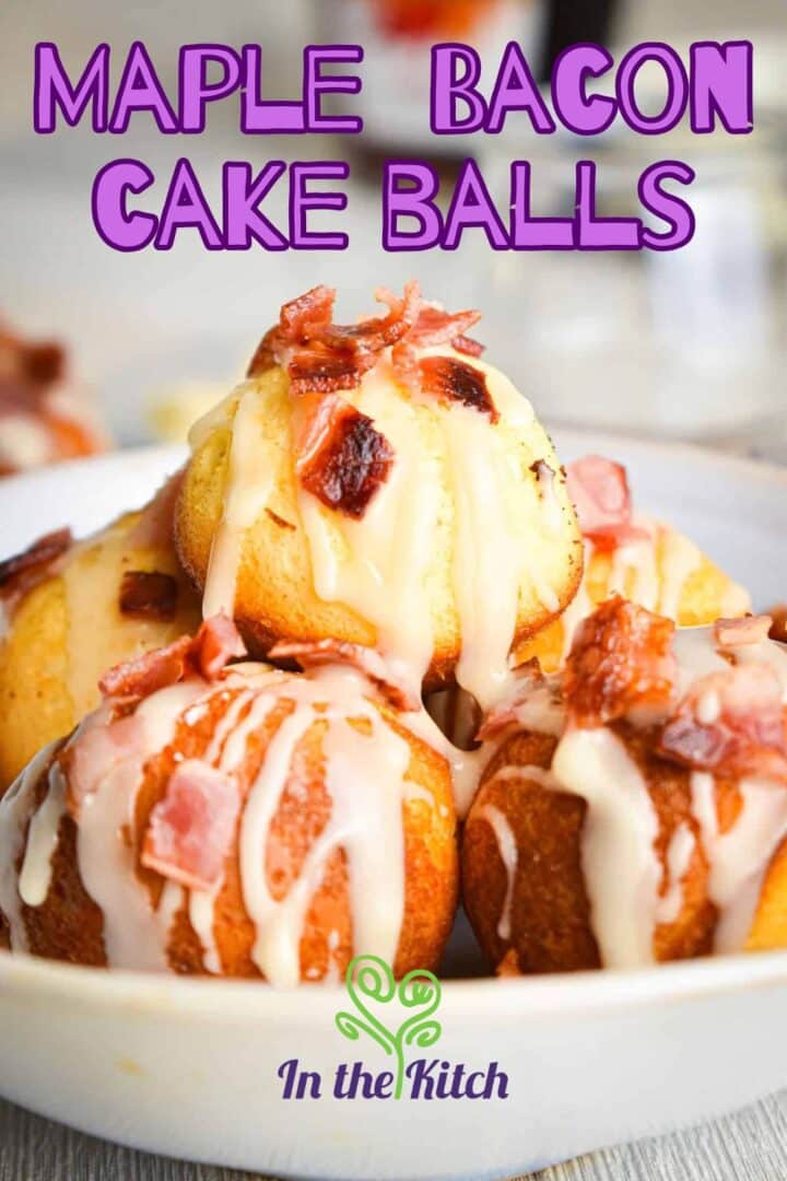 Maple and bacon cake balls in white dish with text overlay that says 'maple bacon cake balls'.