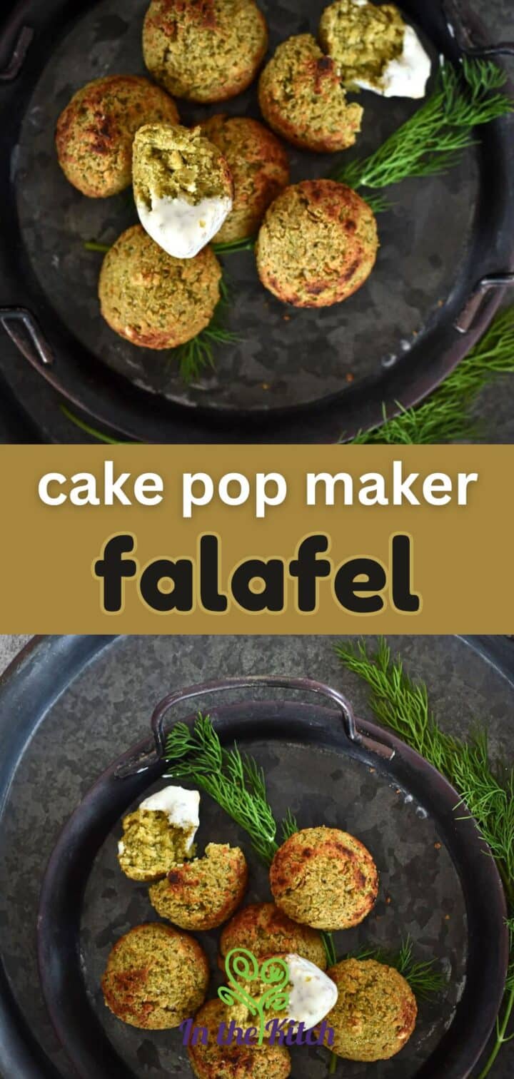 Mini falafel with yogurt dip and text overlay that says 'cake pop maker falafel'.