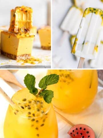 Pictures of passion fruit recipes collage.