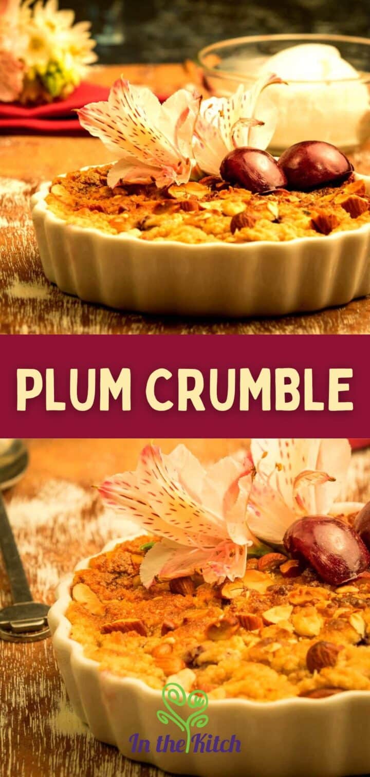 Plum crumble in tart dishes with text overlay that says 'Plum Crumble'.