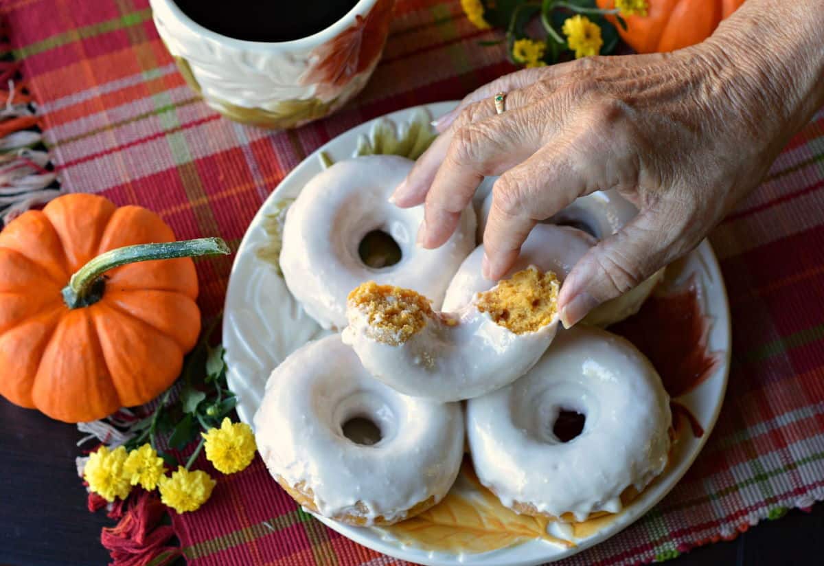 Pumpkin donuts with gourds on the side.