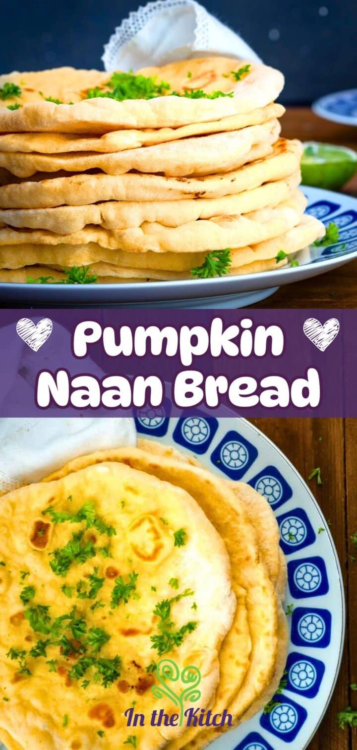 Images of pumpkin naan bread on plate with text overlay that says 'Pumpkin Naan Bread'.