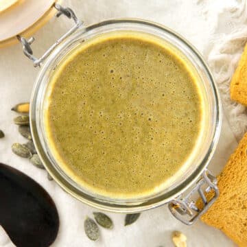 Pumpkin seed butter in jar.