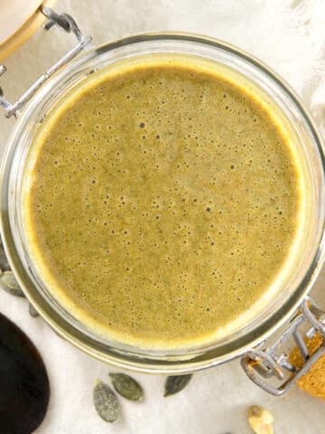 Pumpkin seed butter in jar.