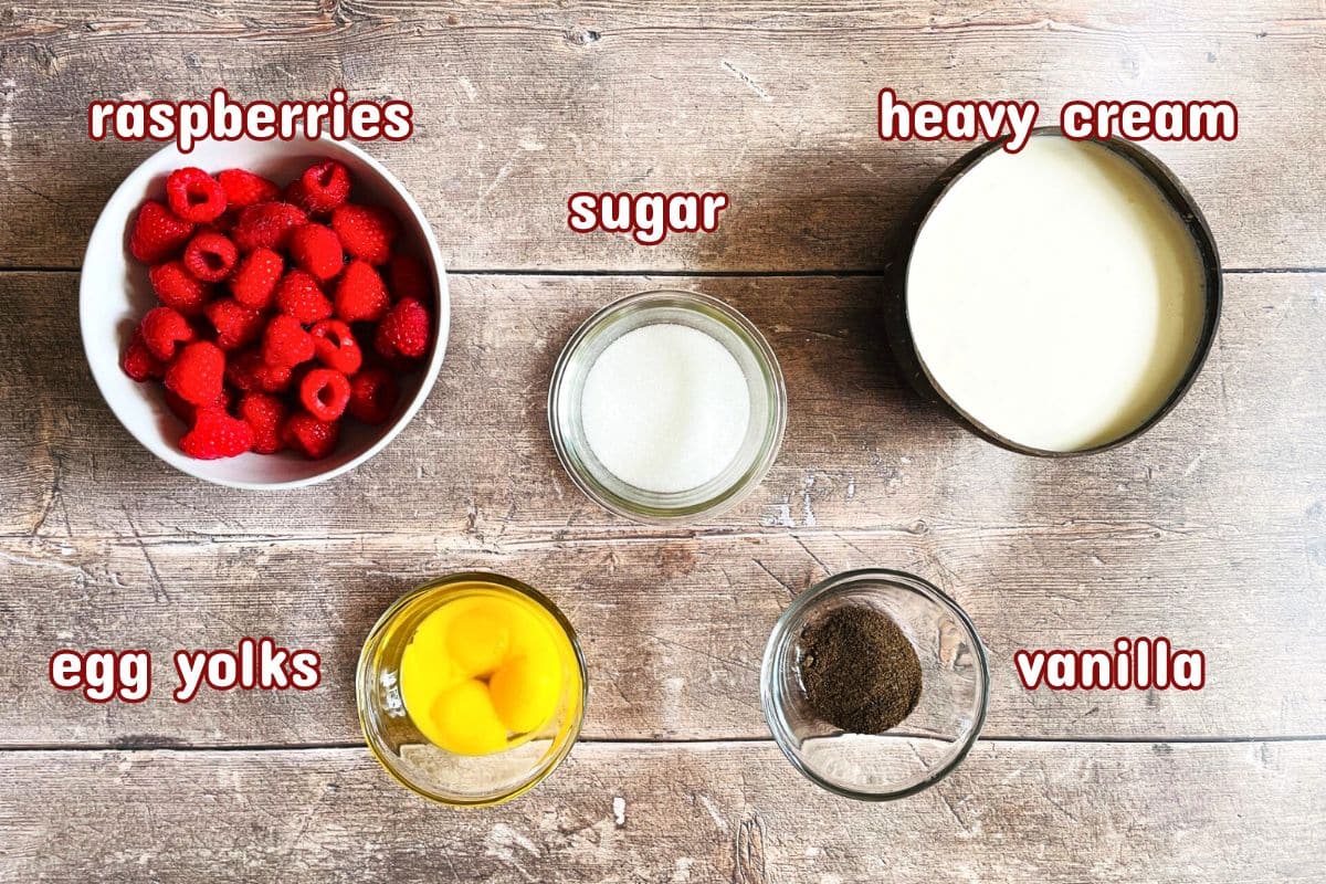 Raspberry crème brûlée ingredients prepped and labeled.