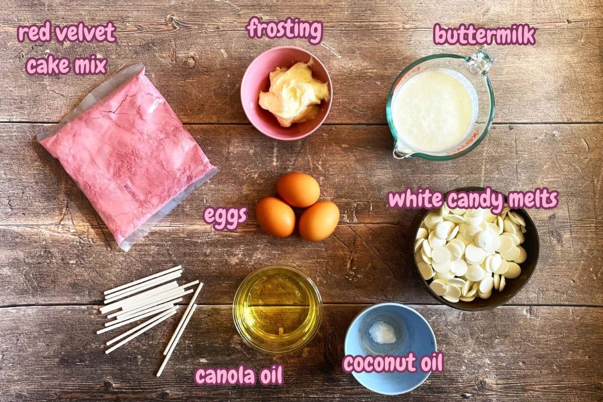 Red velvet cake pops ingredients prepped and labeled.