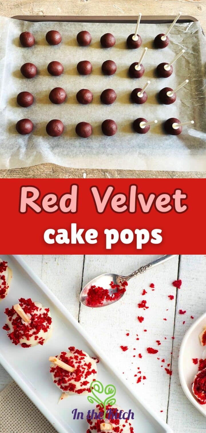 Pictures of red velvet cake pops and text overlay that says 'red relvet cake pops'.