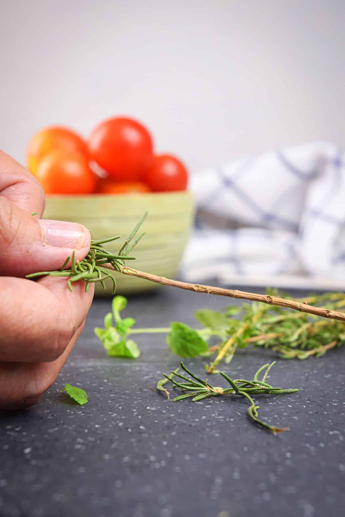 Thyme leaves getting removed.